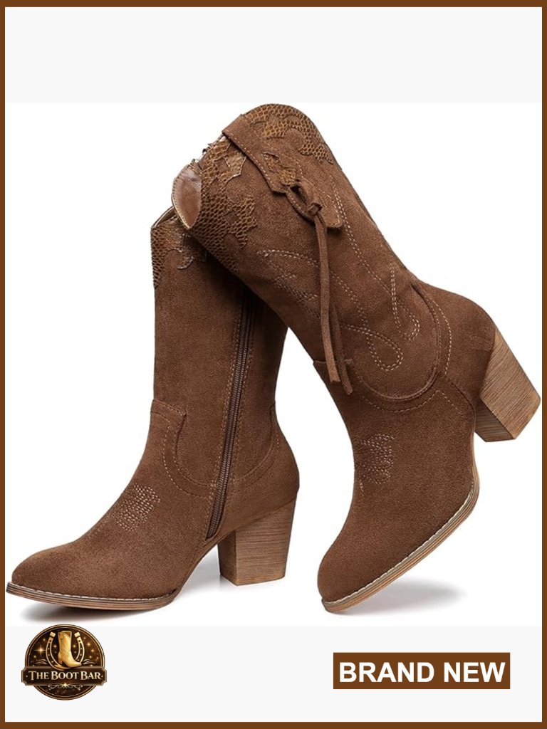 Women's Western Suede Booties With Heel And Zipper Closure